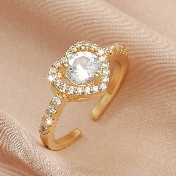 

Heart Zircon Decor Cuff Ring, Gold