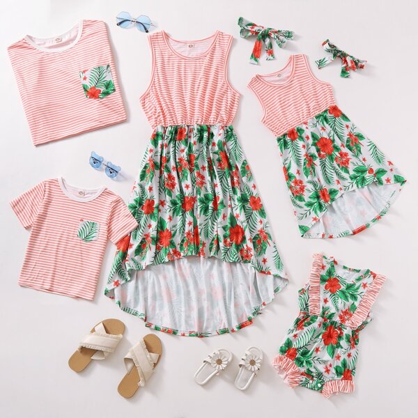 

Floral And Striped Print Dress & Headband, Multicolor