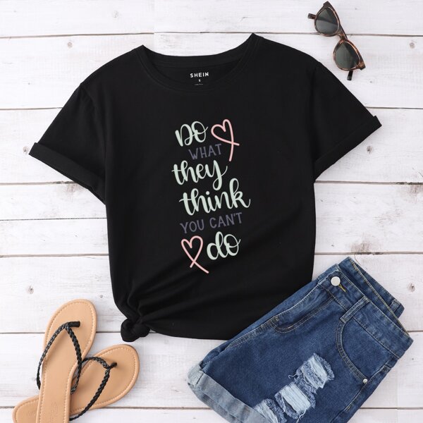 

Slogan & Heart Print Tee, Black