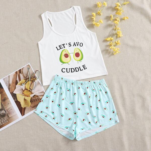

Cartoon & Slogan Graphic Tank Top And Shorts PJ Set, Blue and white
