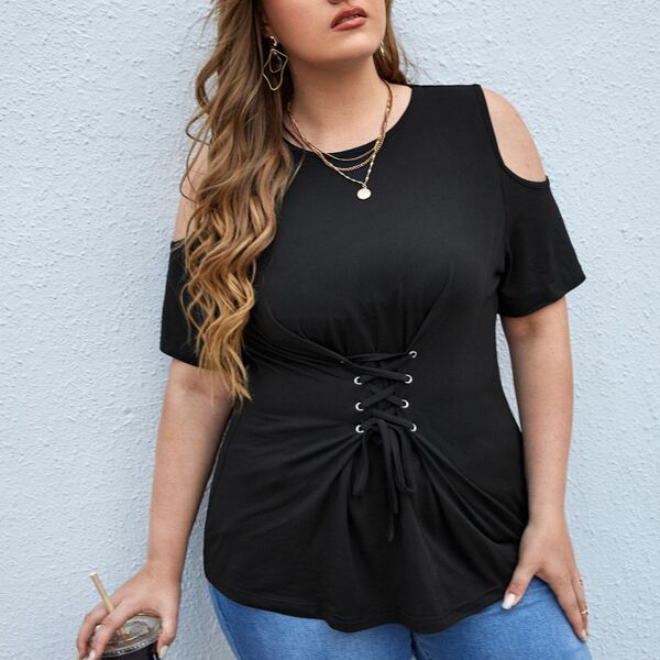 

Plus Lace Up Front Cold Shoulder Tee, Black