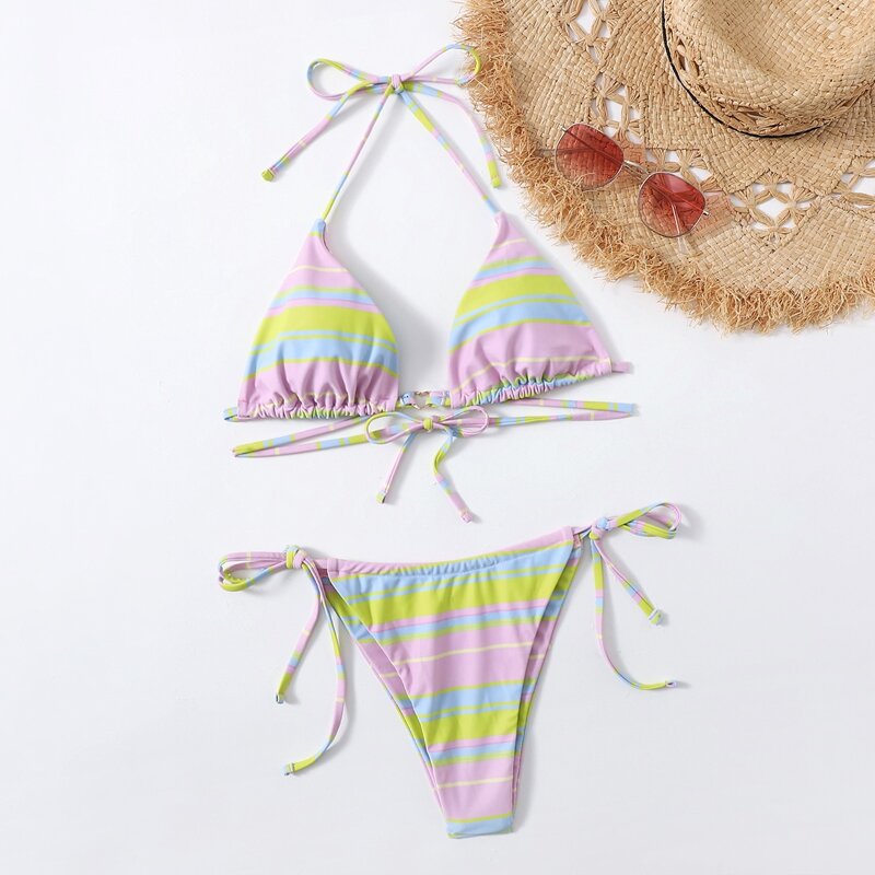 

Striped Print Bikini Swimsuit, Multicolor