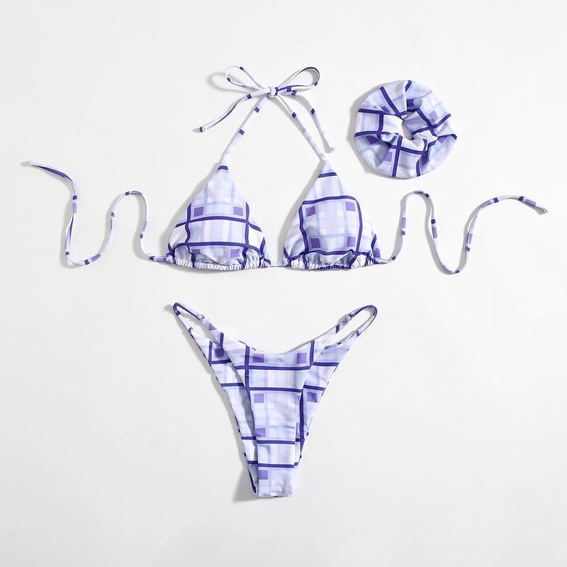 

3pack Plaid Print Bikini Swimsuit With Scrunchie, Blue