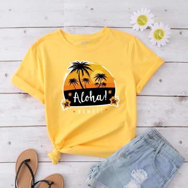 

Letter & Tropical Print Tee, Yellow