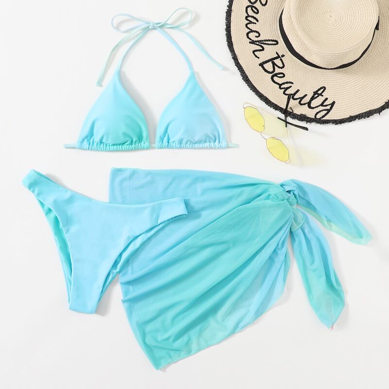 

3pack Ombre Bikini Swimsuit With Beach Skirt, Blue