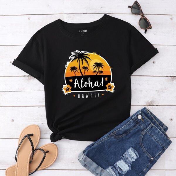 

Letter & Tropical Print Tee, Black