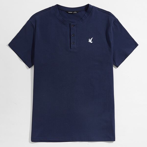 

Men Buttoned Half Placket Graphic Embroidery Top, Navy blue
