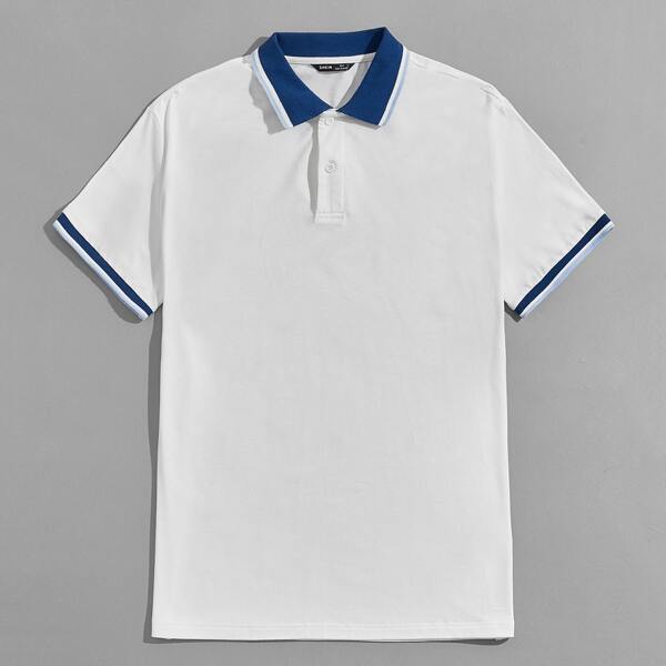 

Men Contrast Collar Striped Polo Shirt, White