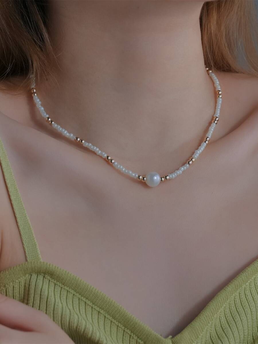 Faux Pearl Beaded Necklace - Multicolor - View 1