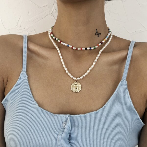 

2pcs Faux Pearl Beaded Necklace, Multicolor