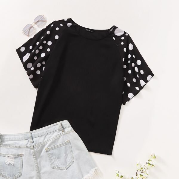 

Plus Polka Dot Raglan Sleeve Blouse, Black