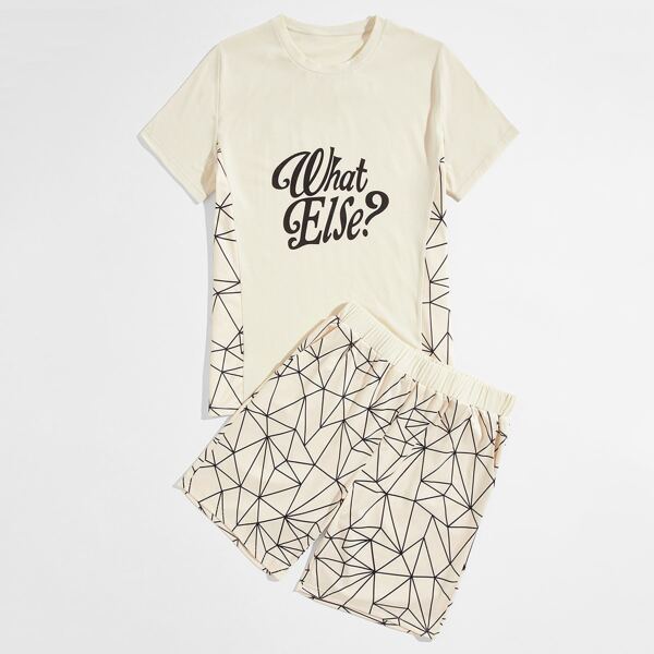 

Men Slogan Graphic Tee With Geo Print Shorts, Apricot
