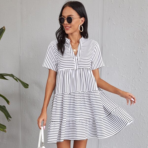 

Striped Print Smock Dress, White