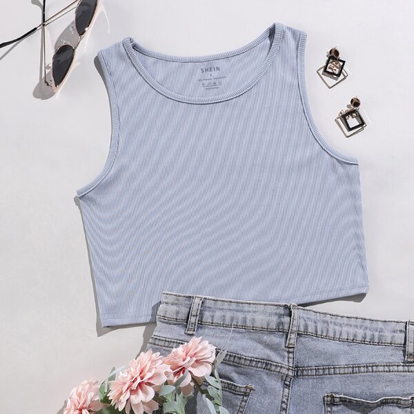 

Solid Rib-knit Crop Tank Top, Blue