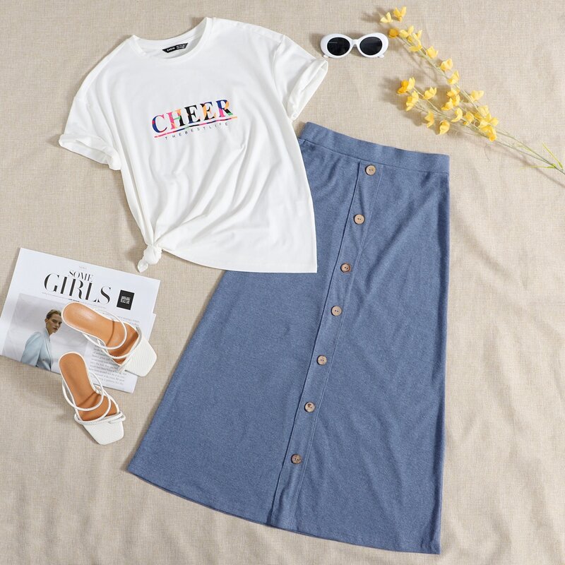 

Letter Graphic Tee & Single Breasted Skirt Set, Blue and white