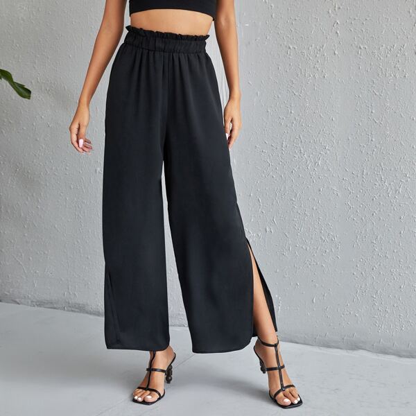 

Solid Paper Bag Waist Split Hem Pants, Black
