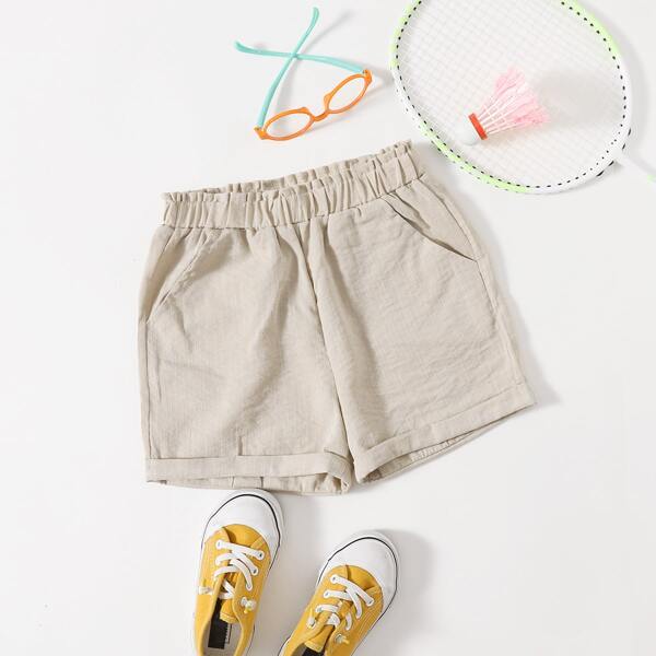 

Girls Solid Paper Bag Waist Shorts, Khaki