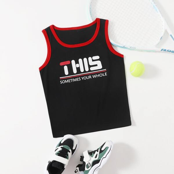 

Boys Slogan Graphic Contrast Binding Tank Top, Black