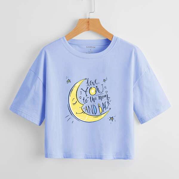 

Slogan And Moon Print Drop Shoulder Crop Tee, Blue