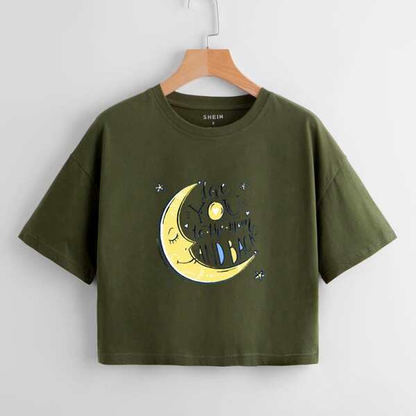 

Slogan And Moon Print Drop Shoulder Crop Tee, Army green
