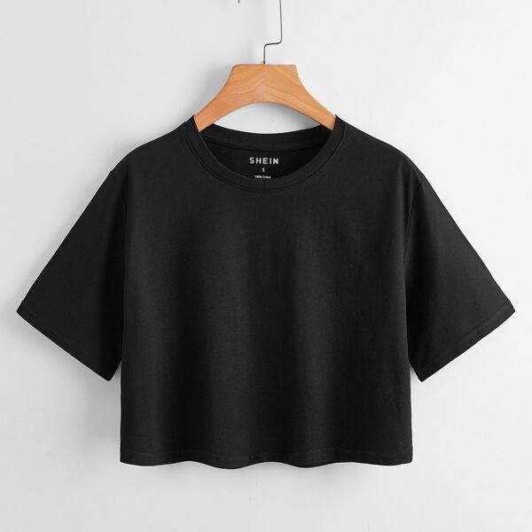 

Solid Round Neck Crop Tee, Black