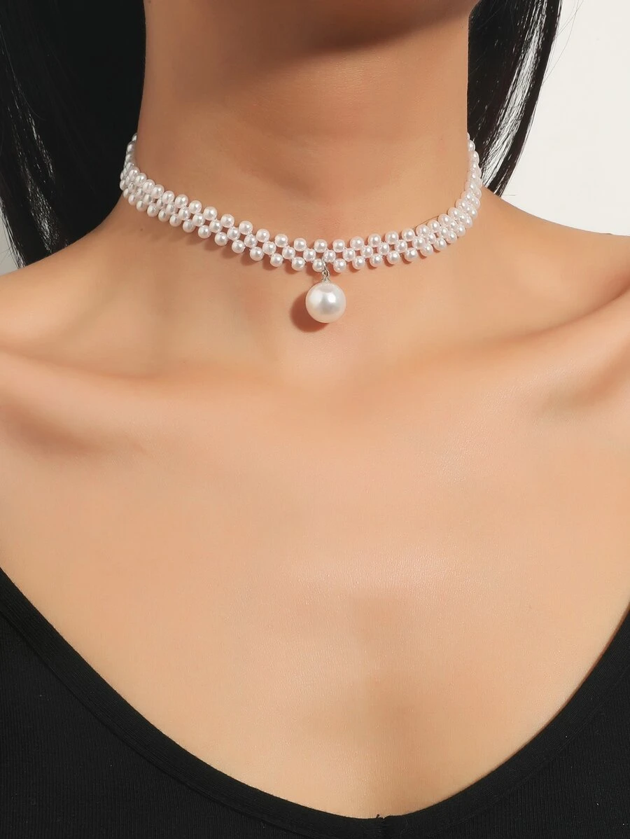 Faux Pearl Beaded Necklace - Silver - View 1