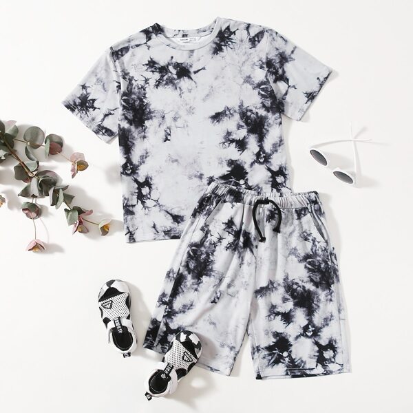 

Boys Marble Print Tee & Tie Waist Shorts Set, Multicolor