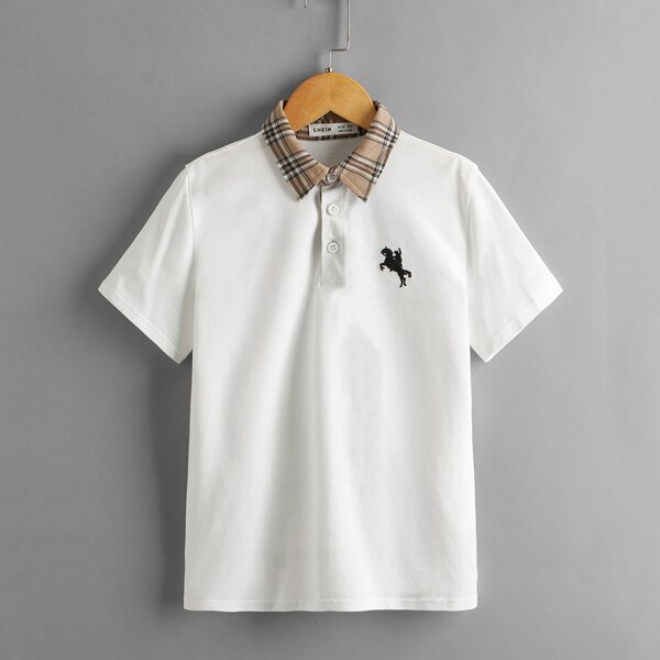 

Boys Contrast Plaid Collar Embroidered Detail Polo Shirt, White
