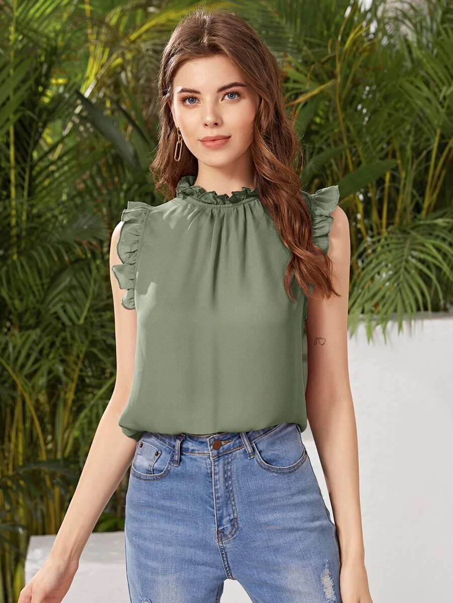 SHEIN Clasi 小高領褶邊無袖上衣 - 軍綠色 - 查看 1