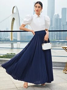 Modelyn Top corto con lazo delantero con botón medio de manga farol - Blanco - Ver 3