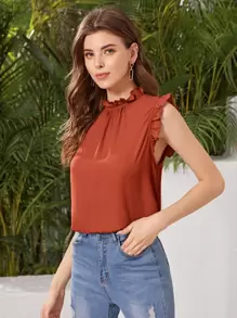 SHEIN Clasi 小高領褶邊無袖上衣 - 亮橙色 - 查看 4
