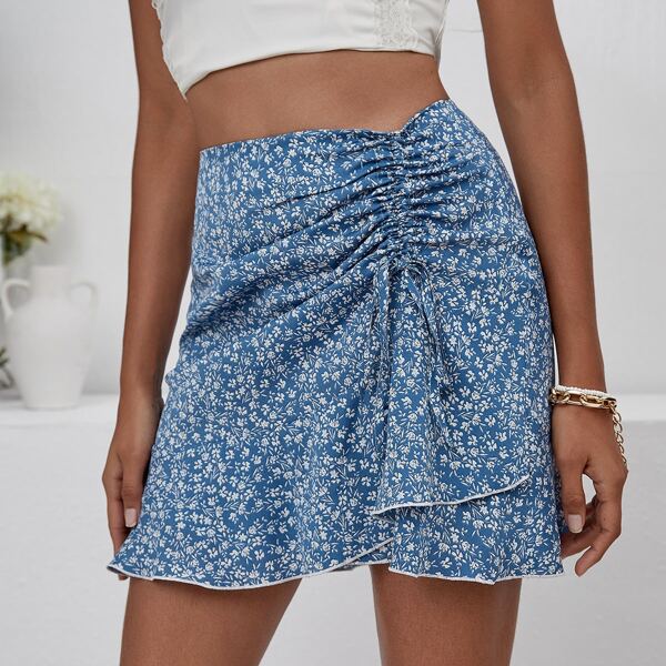 

Ruched Drawstring Front Ruffle Hem Ditsy Floral Skirt, Blue