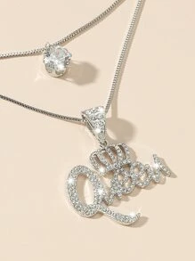 Rhinestone Letter Charm Layered Necklace - Silver - View 3