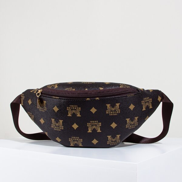 

Graphic Print Zipper Front Fanny Pack, Coffee brown