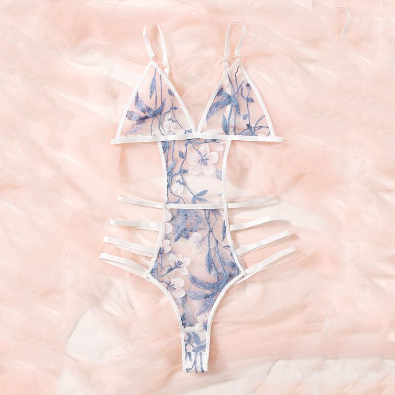 

Floral Embroidered Mesh Teddy Bodysuit, Blue and white