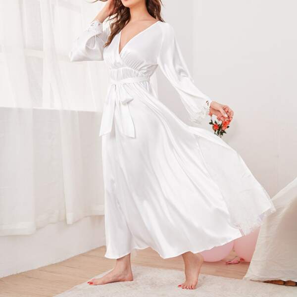 

Surplice Neck Belted Lace Trim Satin Night Dress, White