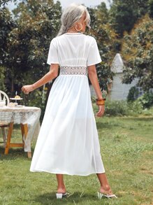 SHEIN 腰部系带撞色凸花蕾丝和服，适合夏季海滩度假 - 白色 - 查看 2