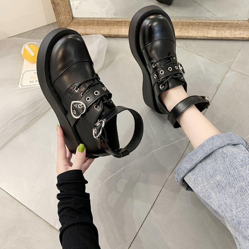 

Heart Buckle Lace-up Platform Wedges, Black