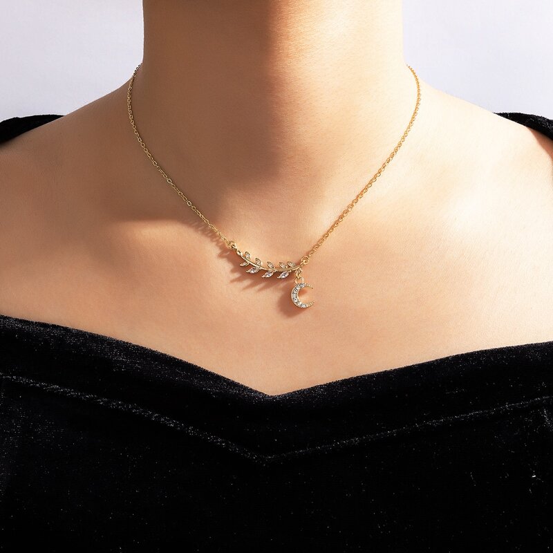 

Rhinestone Moon Pendant Necklace, Gold