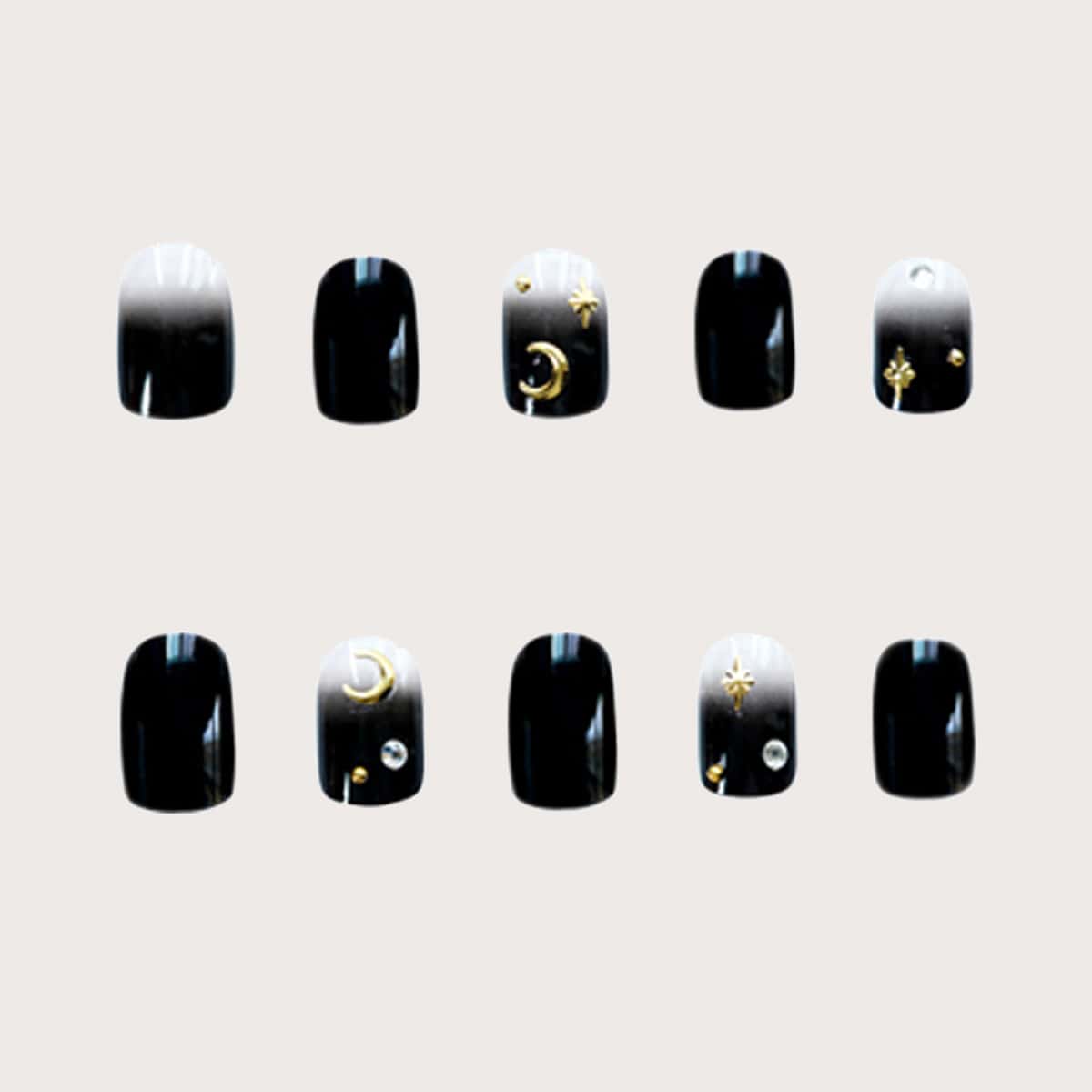 

24pcs Star & Moon Fake Nail, Black