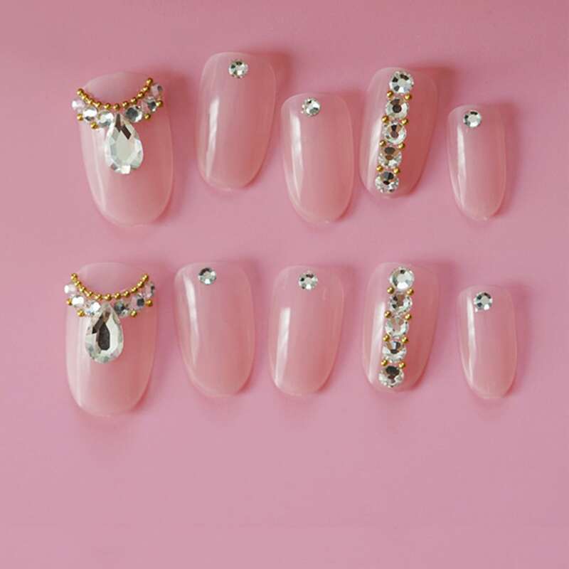 

24pcs Rhinestone Fake Nail, Baby pink