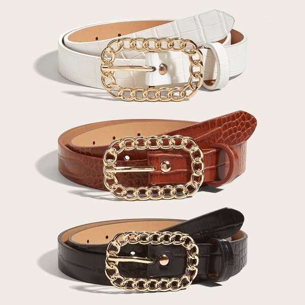 

3pcs Chain Buckle Belt, Multicolor