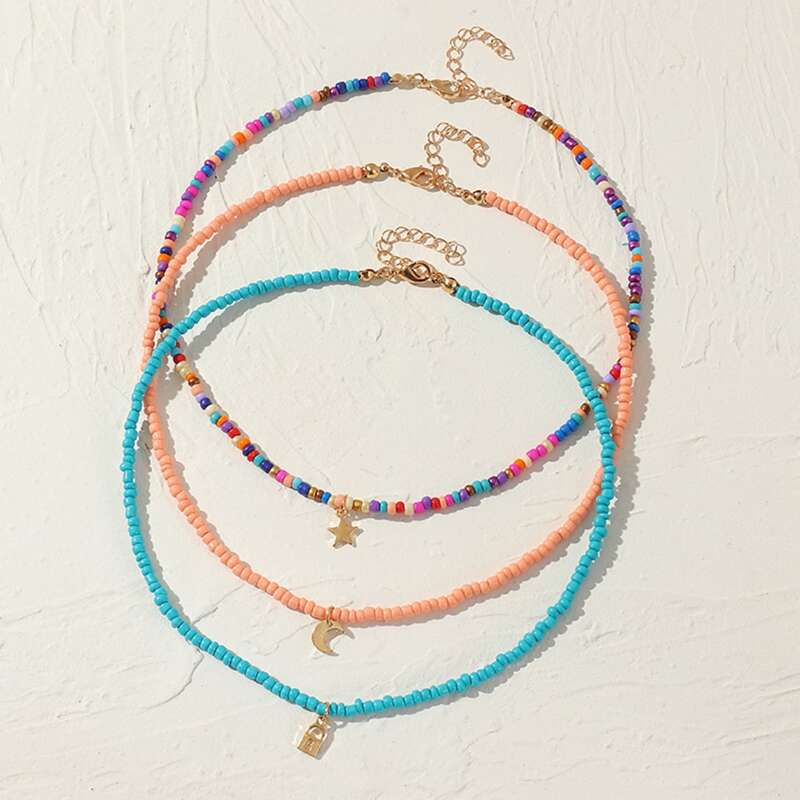 

3pcs Star & Moon Beaded Necklace, Multicolor
