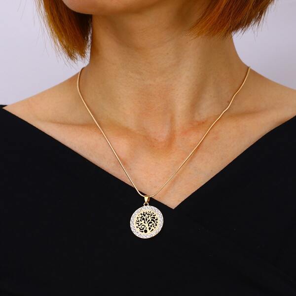 

Zircon Decor Round Charm Necklace, Gold