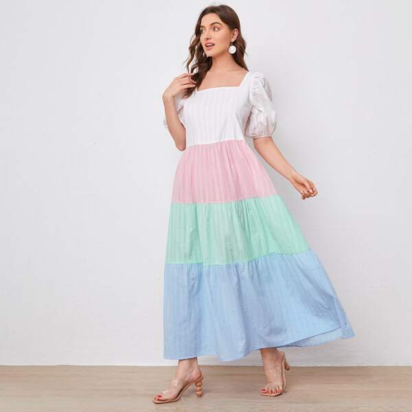 

Puff Sleeve Color Block Dress, Multicolor