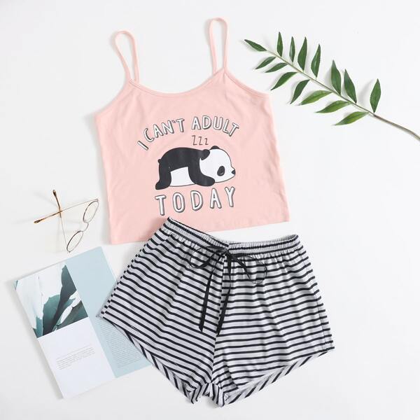 

Panda & Slogan Graphic Cami Top And Striped Shorts PJ Set, Multicolor