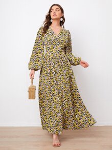 Mulvari Đầm Nút phía trước Hoa Tất cả trên in Boho - Nhiều màu - Xem 1