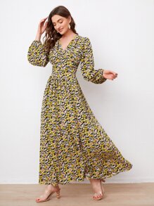 Mulvari Đầm Nút phía trước Hoa Tất cả trên in Boho - Nhiều màu - Xem 3