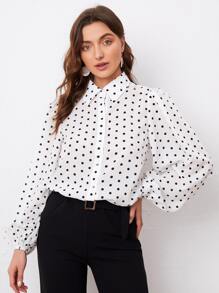 SHEIN Blus Tombol Depan Polka Dot Anggun - Putih - View 1
