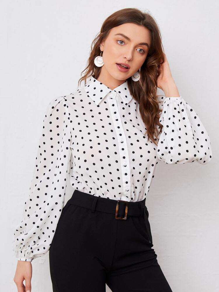 SHEIN Áo sơ mi Tay áo Đèn lồng Chấm bi - trắng - Xem 3